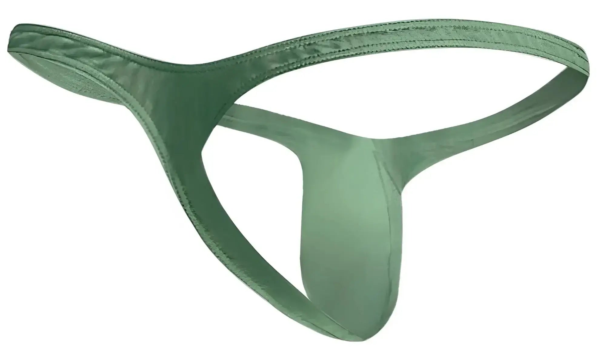 A sleek olive green justin simon bulge thong in smooth satin with subtle sheen and reinforced stitching edges