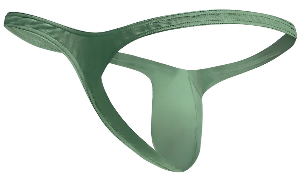 A sleek olive green justin simon bulge thong in smooth satin with subtle sheen and reinforced stitching edges