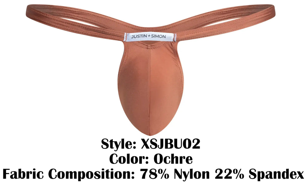 Ochre-colored justin simon bulge thong made of nylon and spandex blend showing front side design