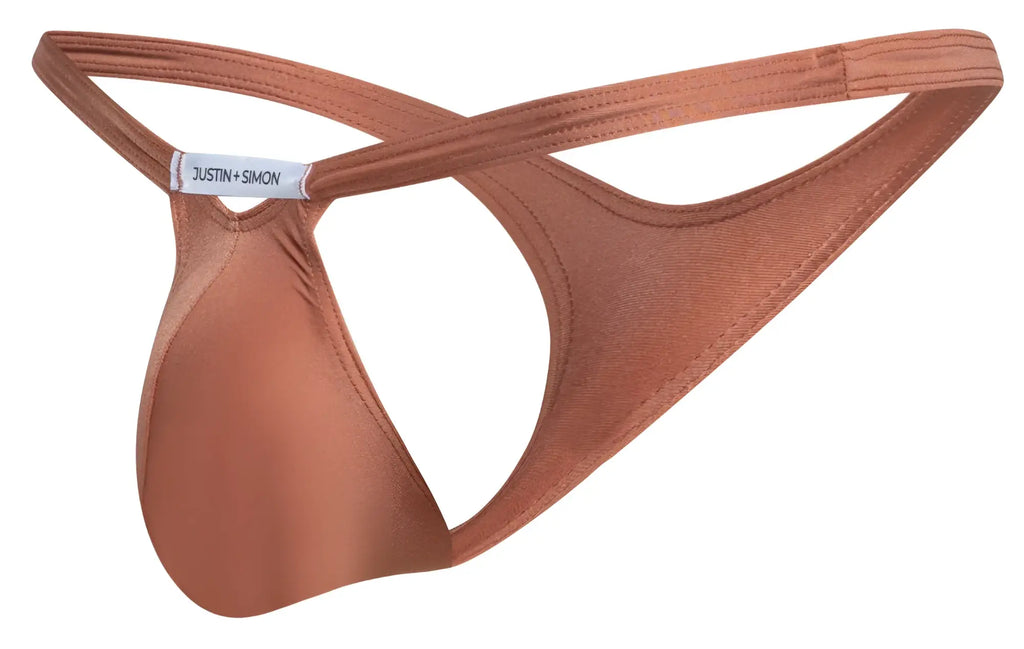 A sleek copper-toned justin simon ochre satin thong with minimalist design and crossed back straps shown from the back