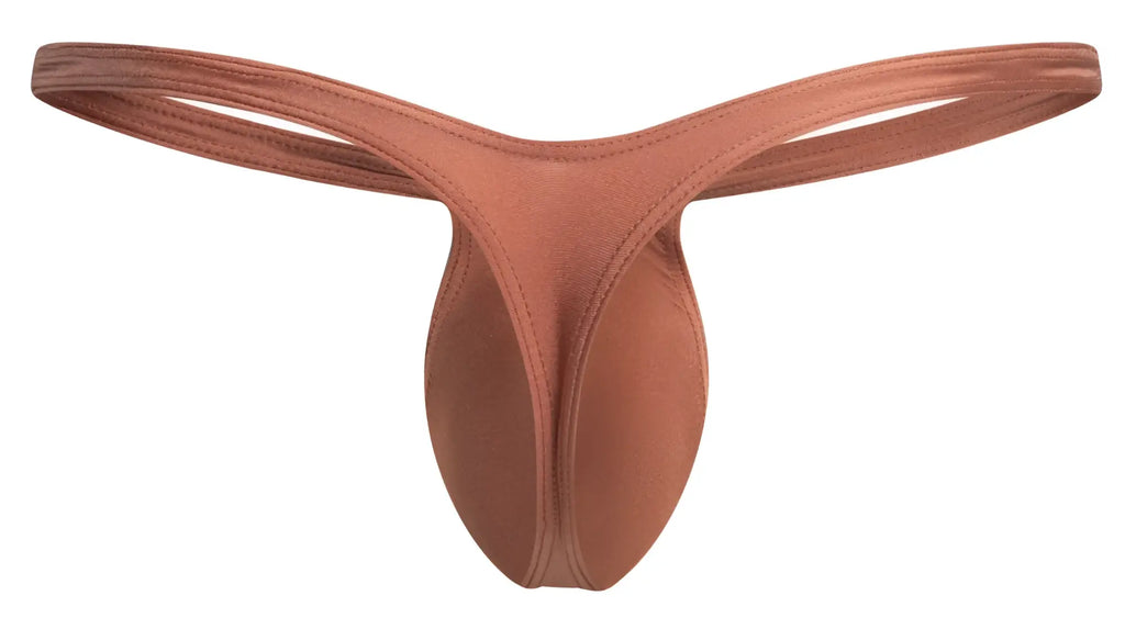Tan ochre seamless thong by justin simon made of stretchy fabric with a smooth form-fitting design