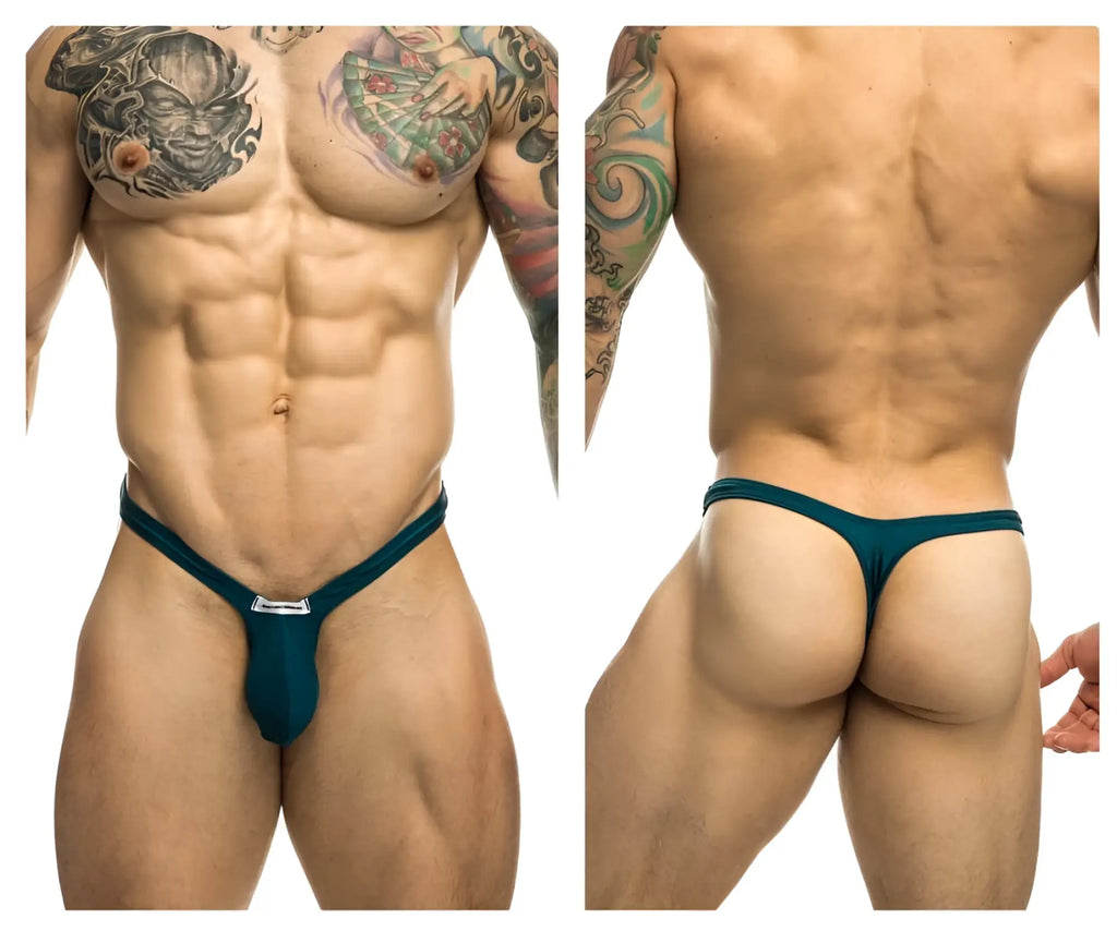 Teal bulge thong with a small silver logo at the front from JUSTIN SIMON XSJBU02 in opal green color
