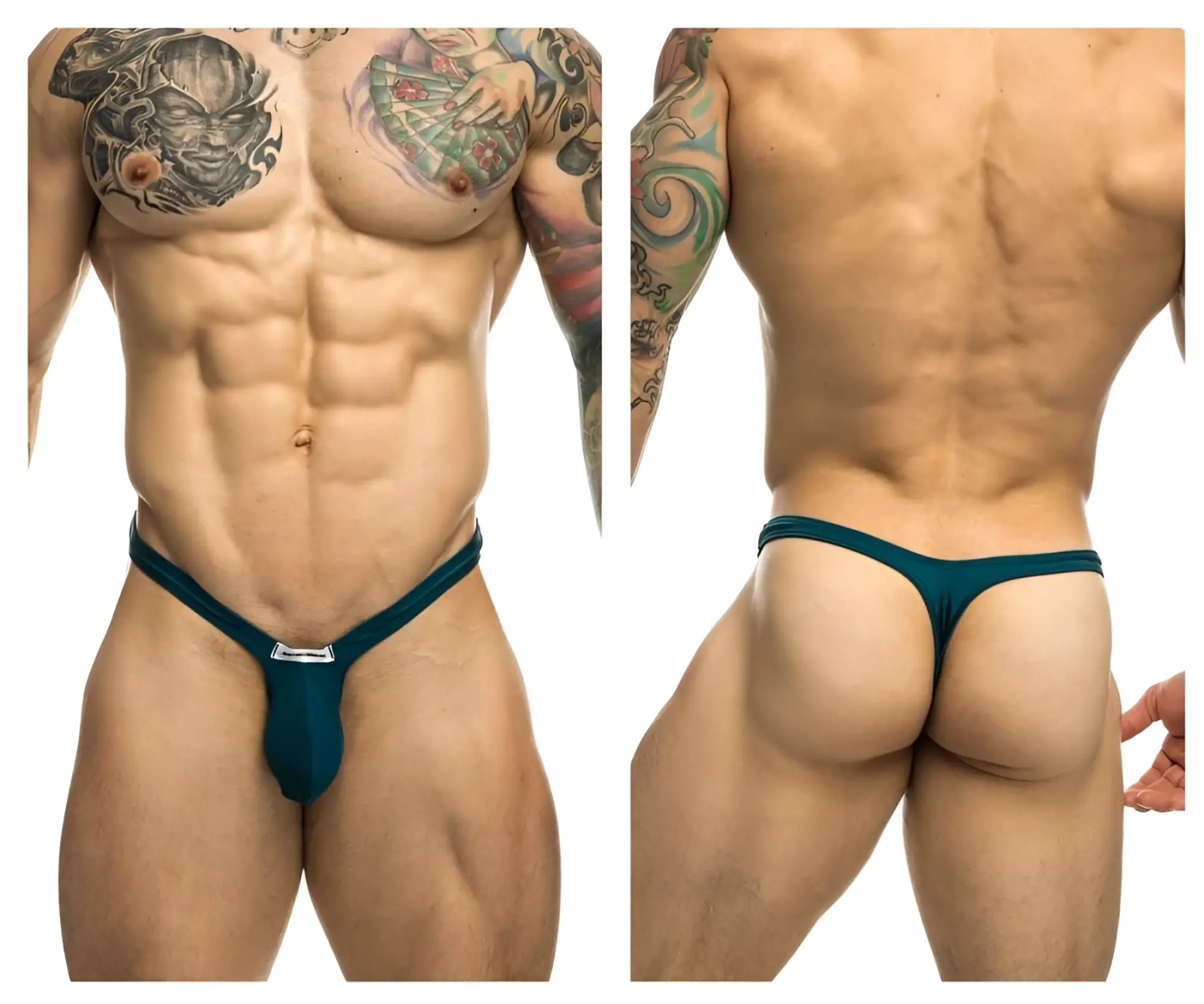 Teal bulge thong with a small silver logo at the front from JUSTIN SIMON XSJBU02 in opal green color