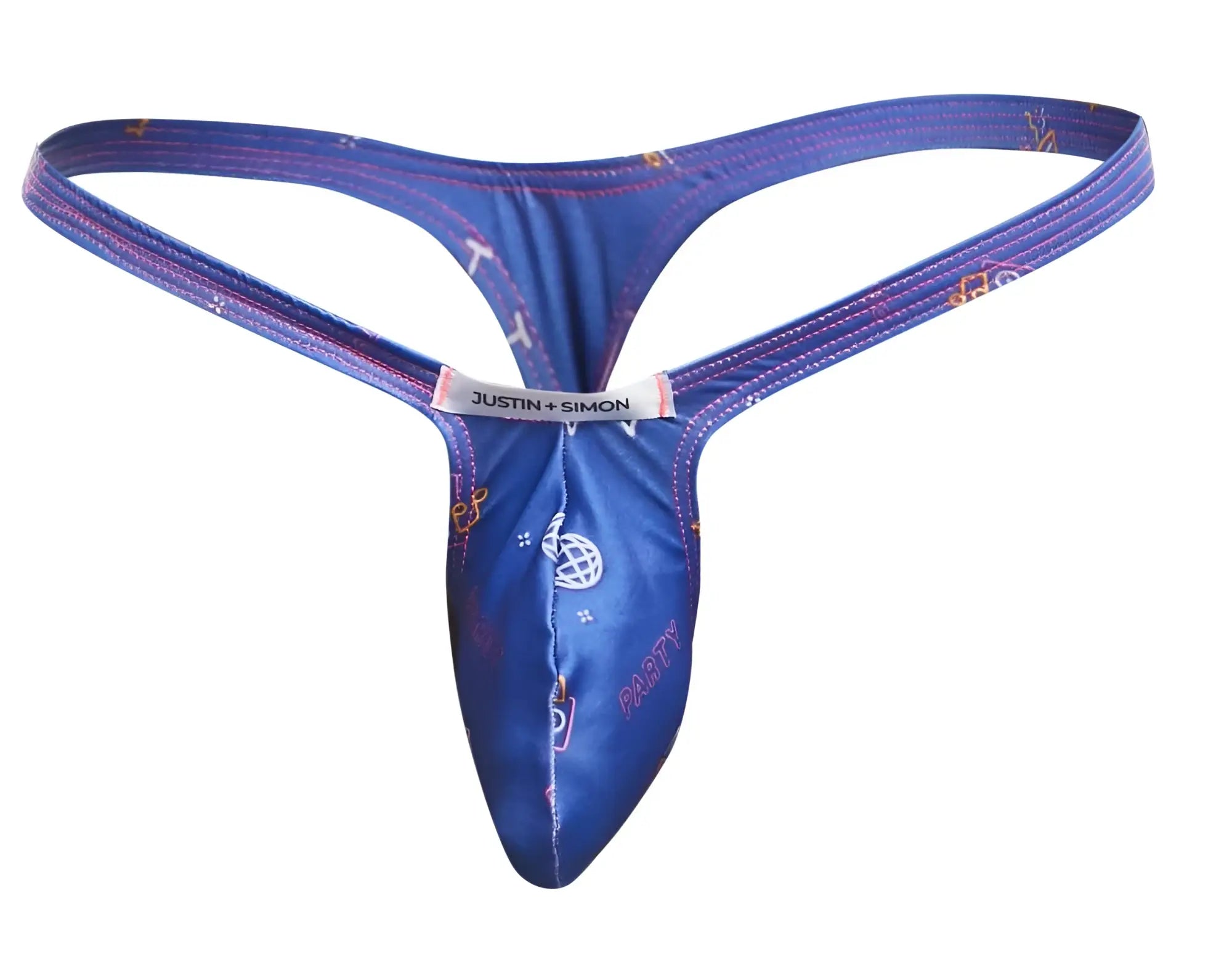 Blue justin simon thong with shiny patterned fabric featuring white and pink graphics from justin simon color party collection