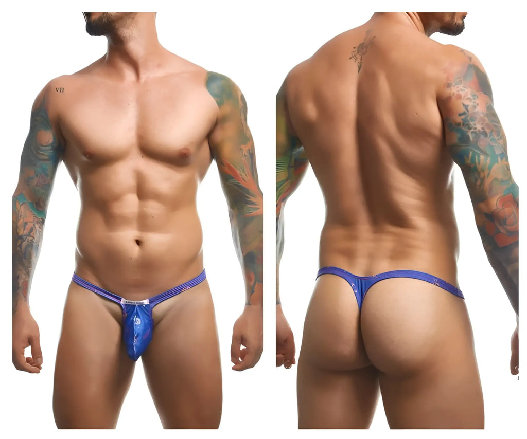 Blue shiny Justin+Simon XSJBU02 bulge thong with small decorative emblem on the front for party use