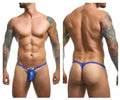 Blue shiny Justin+Simon XSJBU02 bulge thong with small decorative emblem on the front for party use