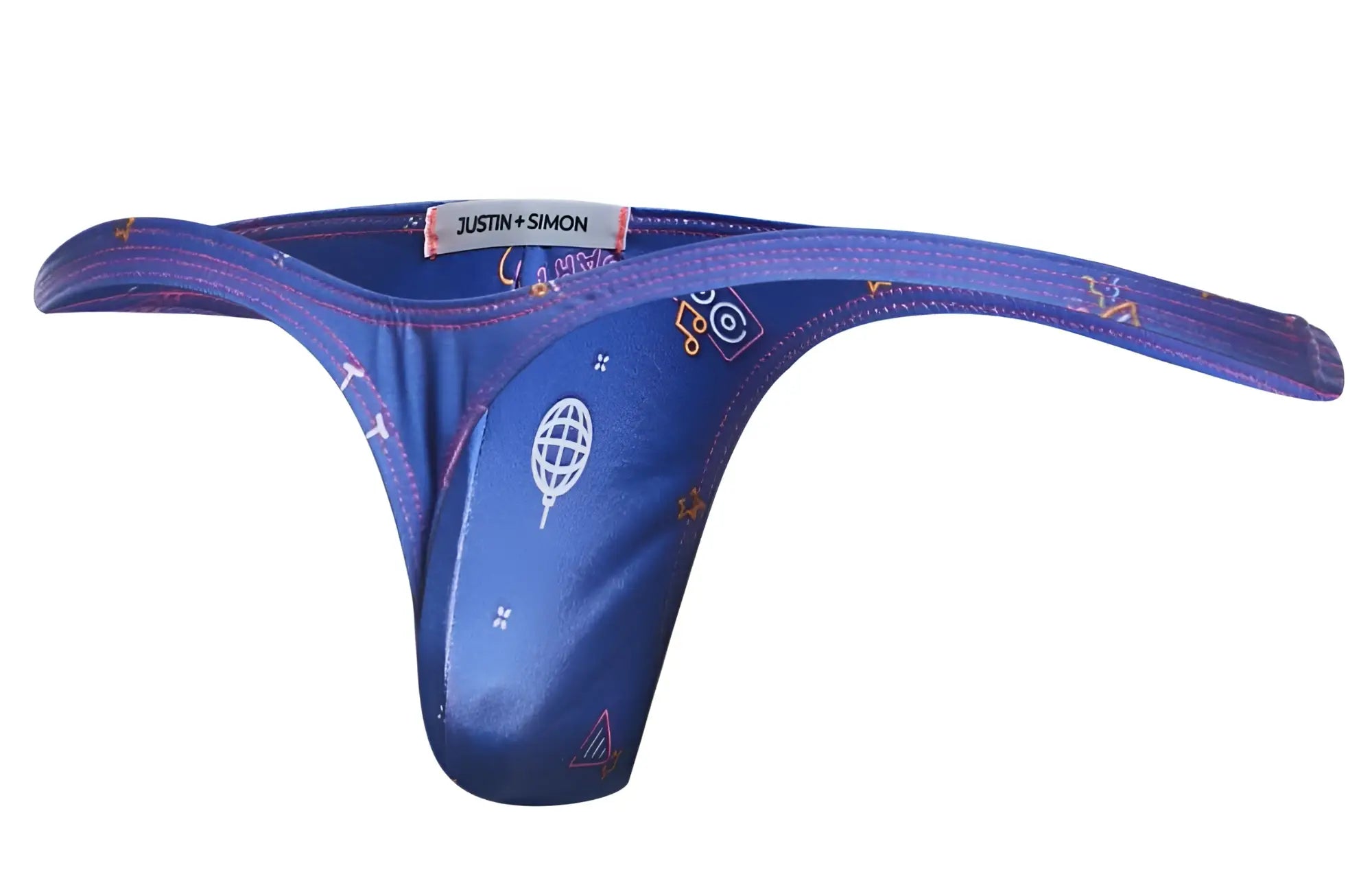 Blue justin simon xsjbu02 bulge thong with shiny satin finish and playful white and orange globe speaker graphic print