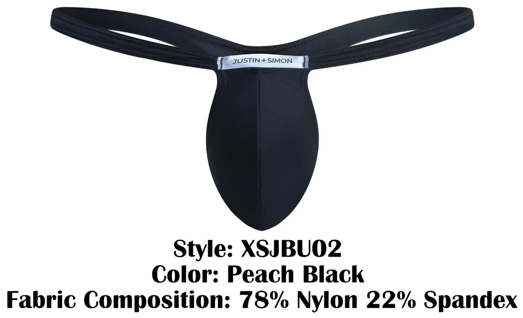 Black peach-colored thong from JUSTIN SIMON with sleek form-fitting design and elastic waistband shown from back side