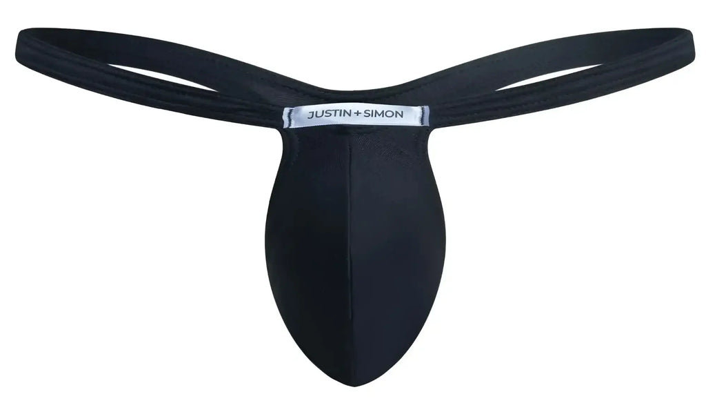Black justin simon bulge thong in smooth stretchy fabric with sleek minimalist design for comfortable wear