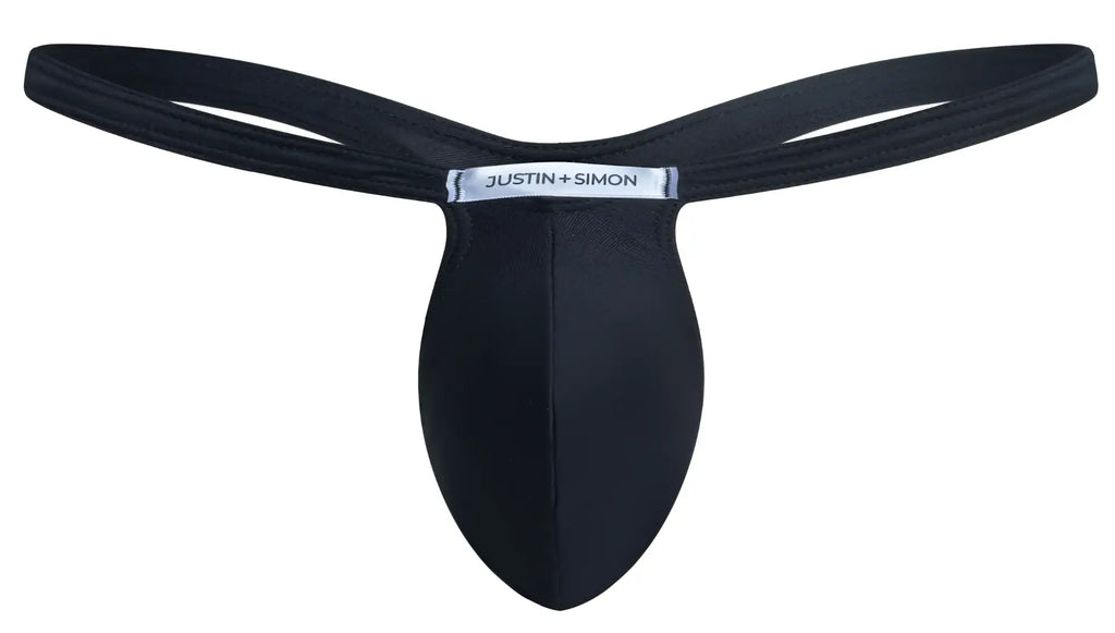 Black justin simon bulge thong in smooth stretchy fabric with sleek minimalist design for comfortable wear