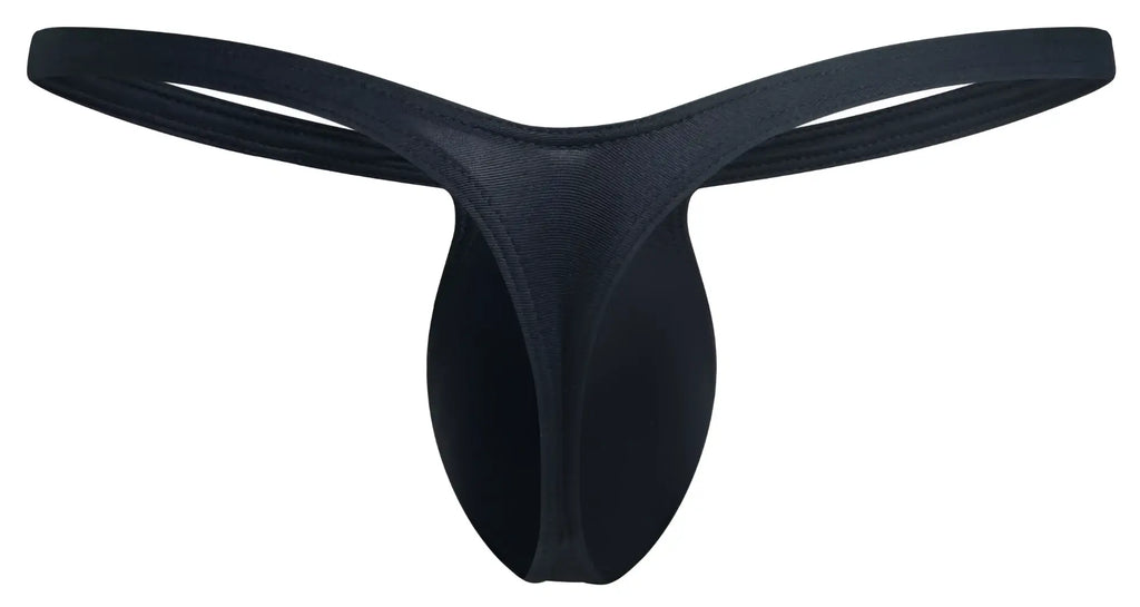 Black seamless thong made of stretchy fabric with smooth minimalist design from justin simon bulge thongs collection