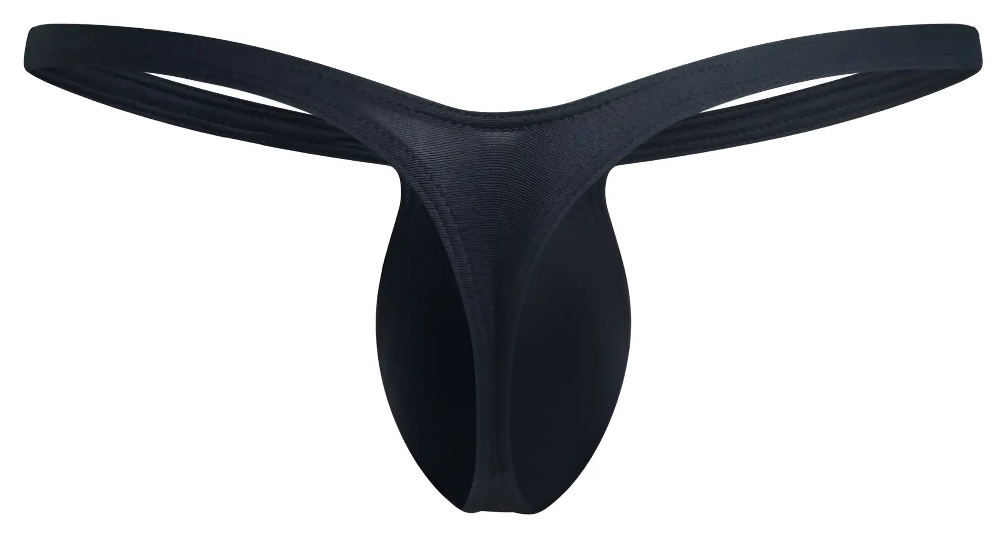 Black seamless thong made of stretchy fabric with smooth minimalist design from justin simon bulge thongs collection