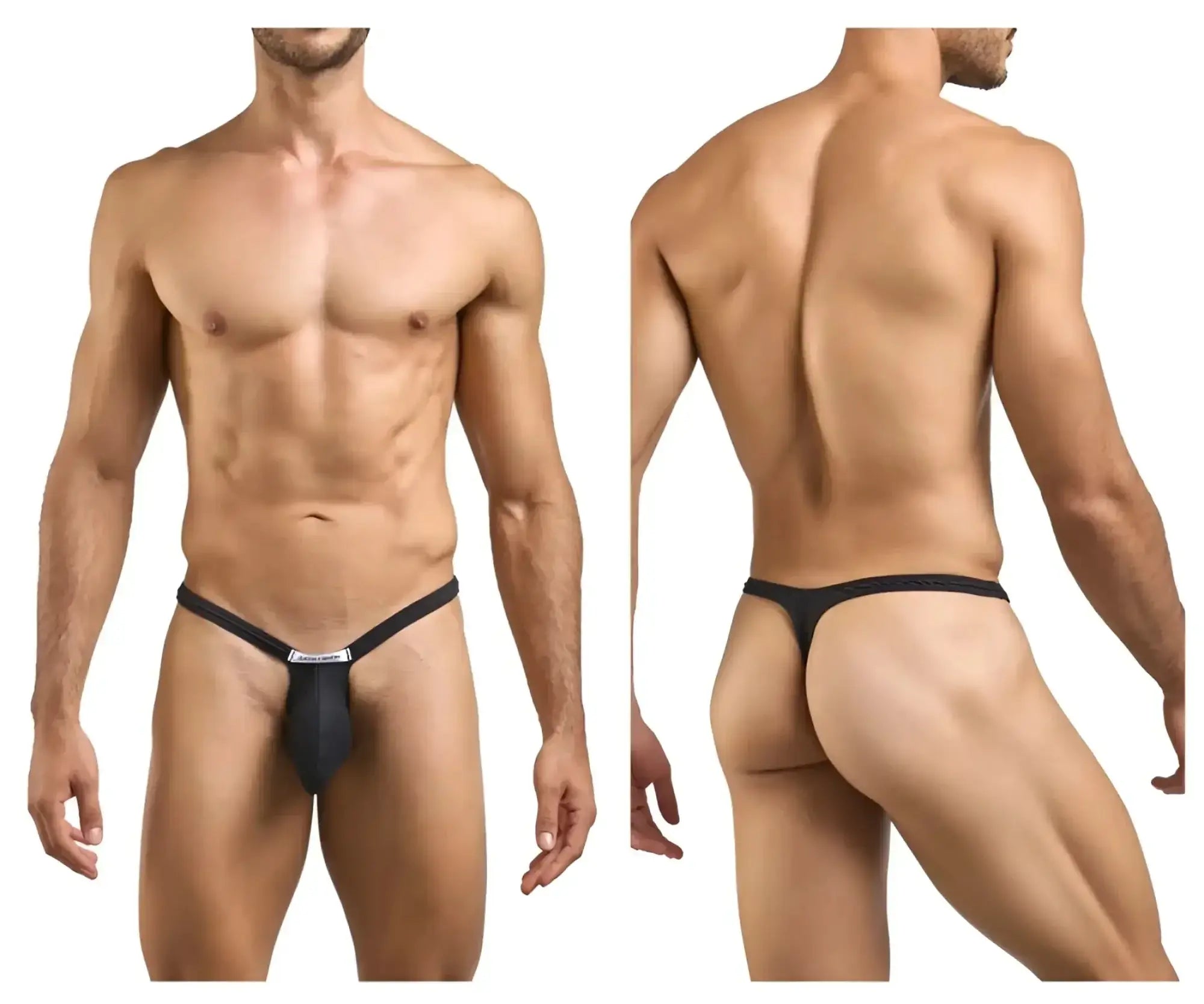Black thong with narrow waistband and small rectangular logo on front from justin simon xsjbu02 bulge thongs in peach black