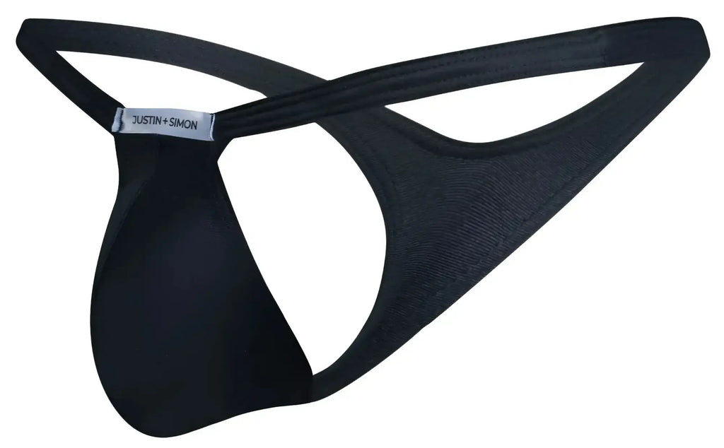 Black justin simon bulge thong with sleek minimalist design and smooth fabric from xsjbu02 collection
