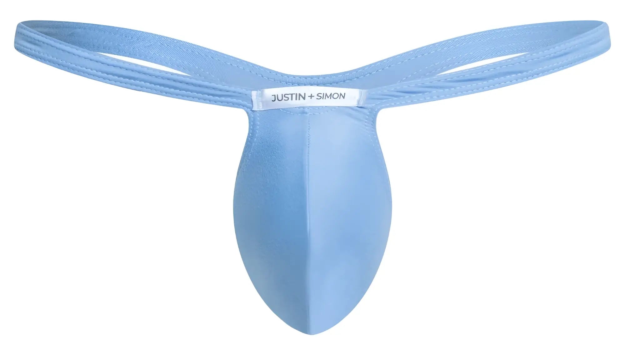 Light blue justin simon thong with smooth stretchy fabric and central pouch design in peach blue color