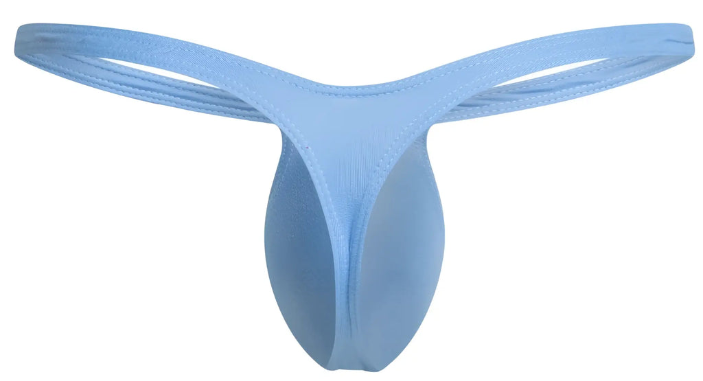 Light blue seamless fabric thong with smooth form-fitting design from justin simon xsjbu02 bulge thongs collection