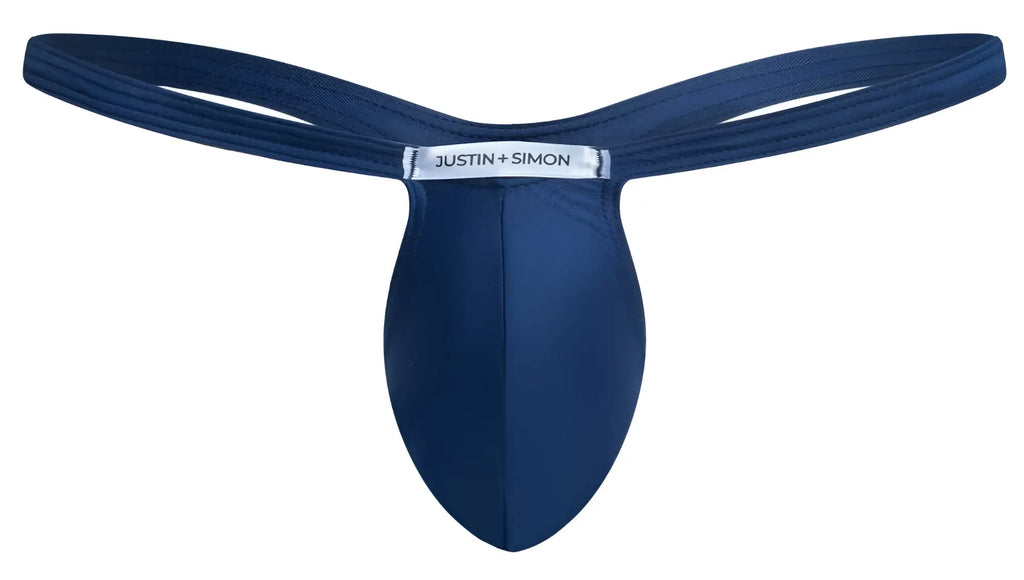 Navy blue justin simon thong in smooth form fitting fabric with sleek contoured design for bulge enhancement