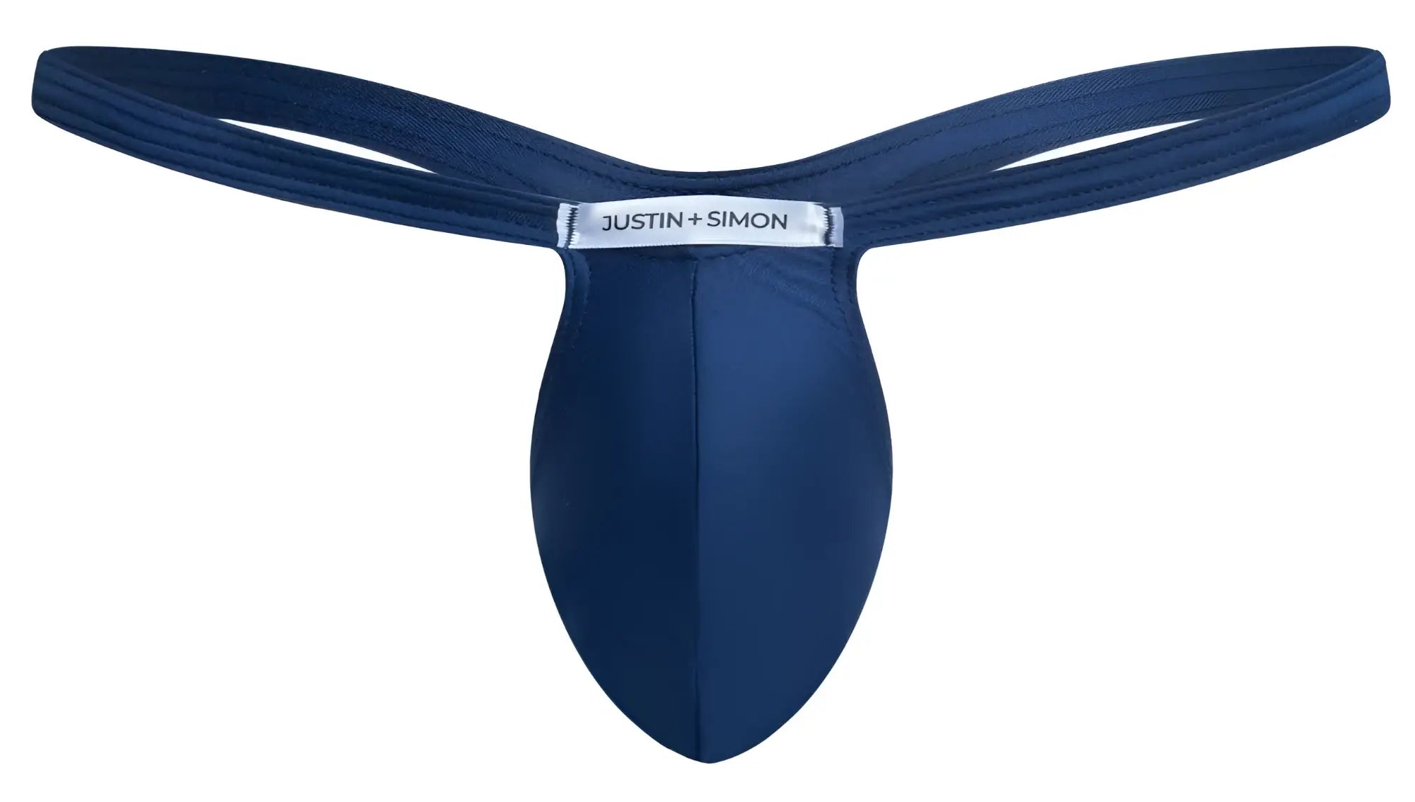 Navy blue justin simon thong in smooth form fitting fabric with sleek contoured design for bulge enhancement