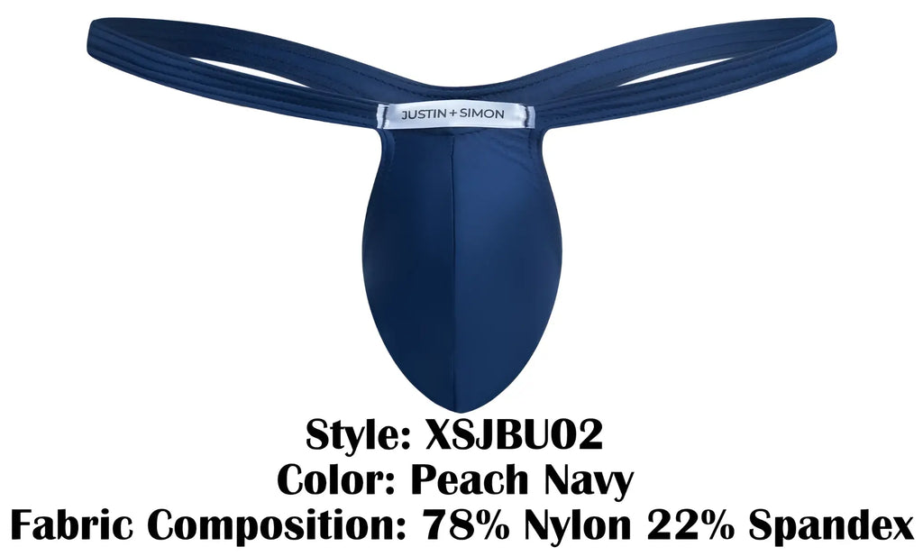 Peach navy justin simon thong in a sleek form-fitting design made from 78 nylon and 22 spandex fabric