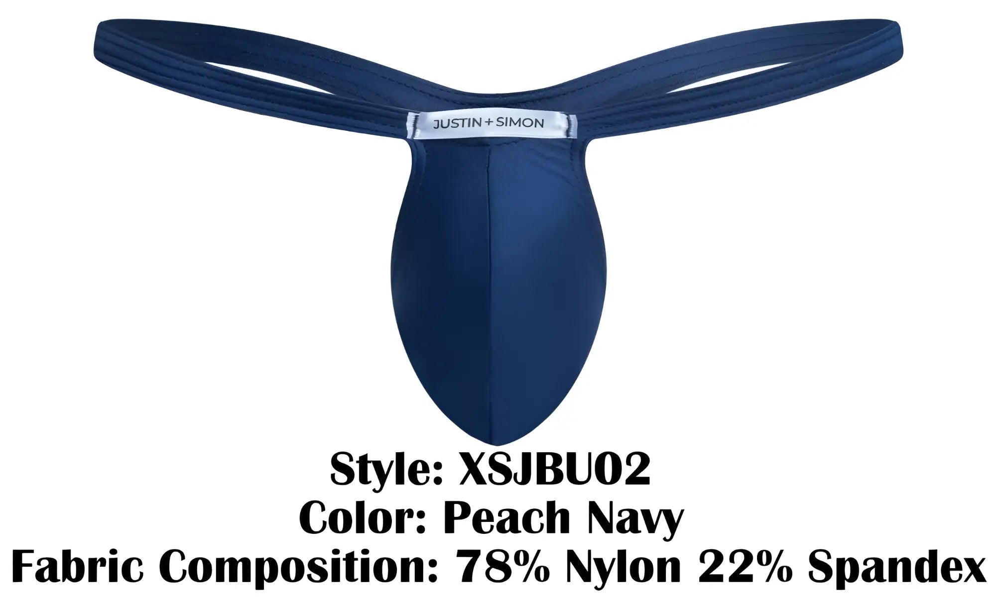 Peach navy justin simon thong in a sleek form-fitting design made from 78 nylon and 22 spandex fabric