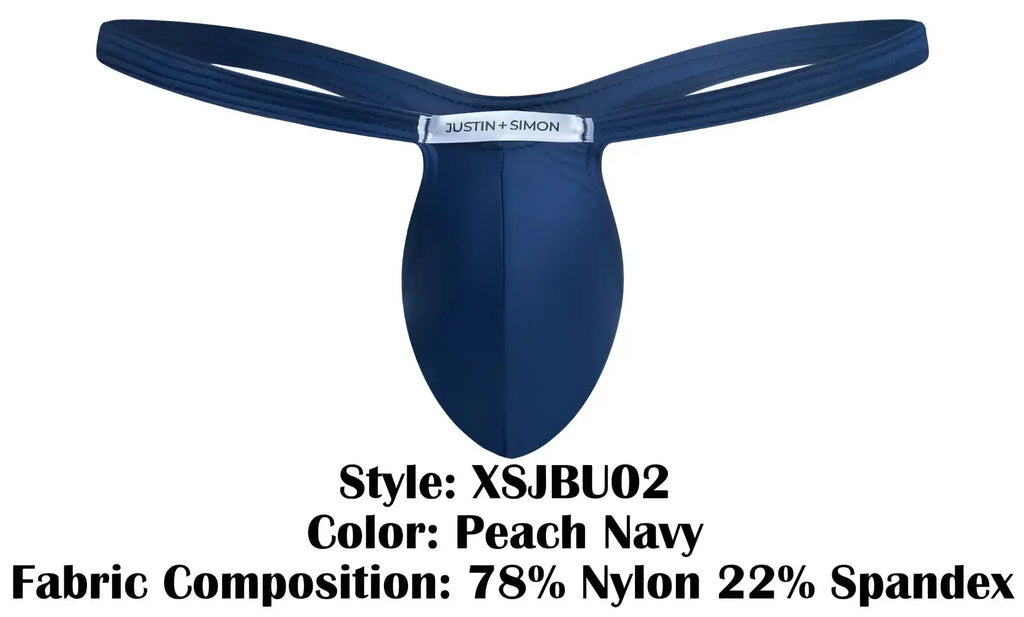 Peach navy justin simon thong in a sleek form-fitting design made from 78 nylon and 22 spandex fabric
