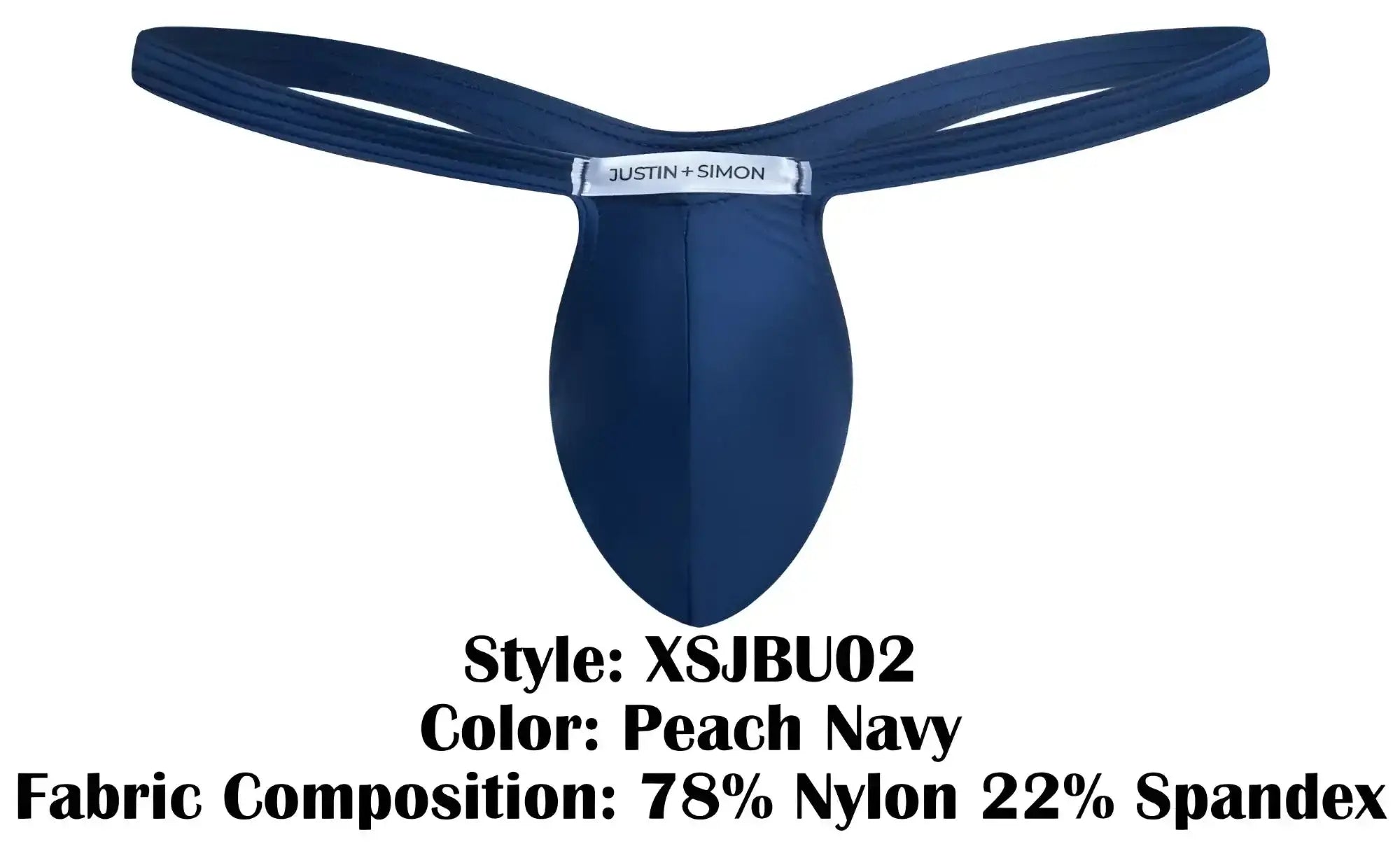 Peach navy justin simon thong in a sleek form-fitting design made from 78 nylon and 22 spandex fabric