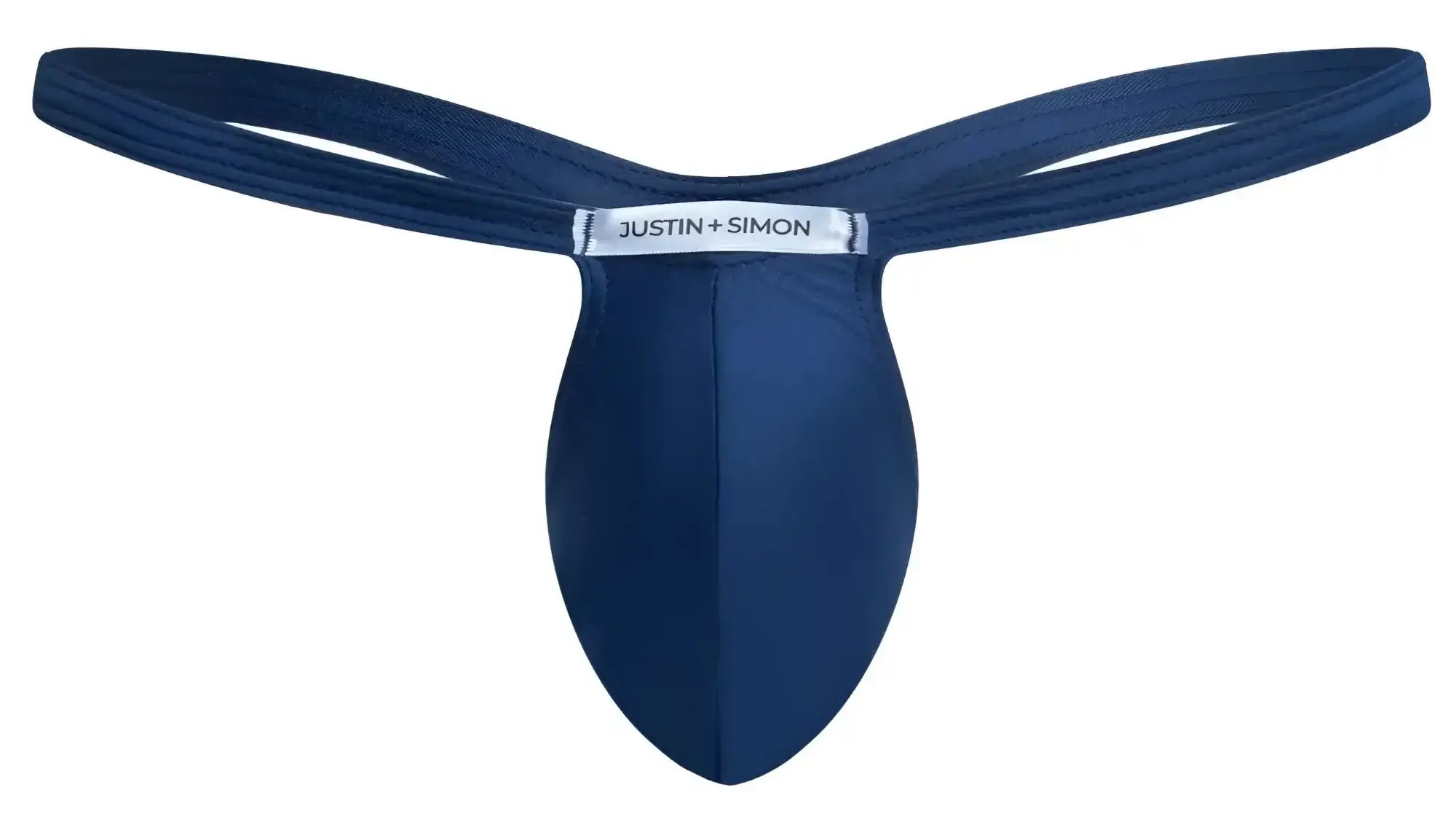 Navy blue justin simon thong in smooth form fitting fabric with sleek contoured design for bulge enhancement