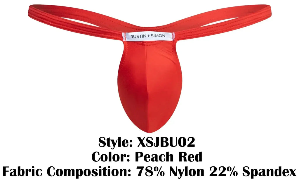 Peach red nylon and spandex bulge thong by justin simon showing front design for comfortable wear