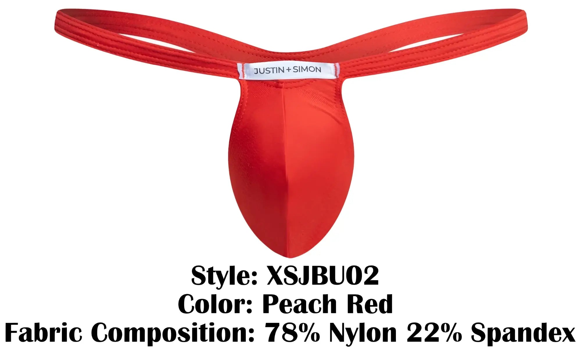 Peach red nylon and spandex bulge thong by justin simon showing front design for comfortable wear