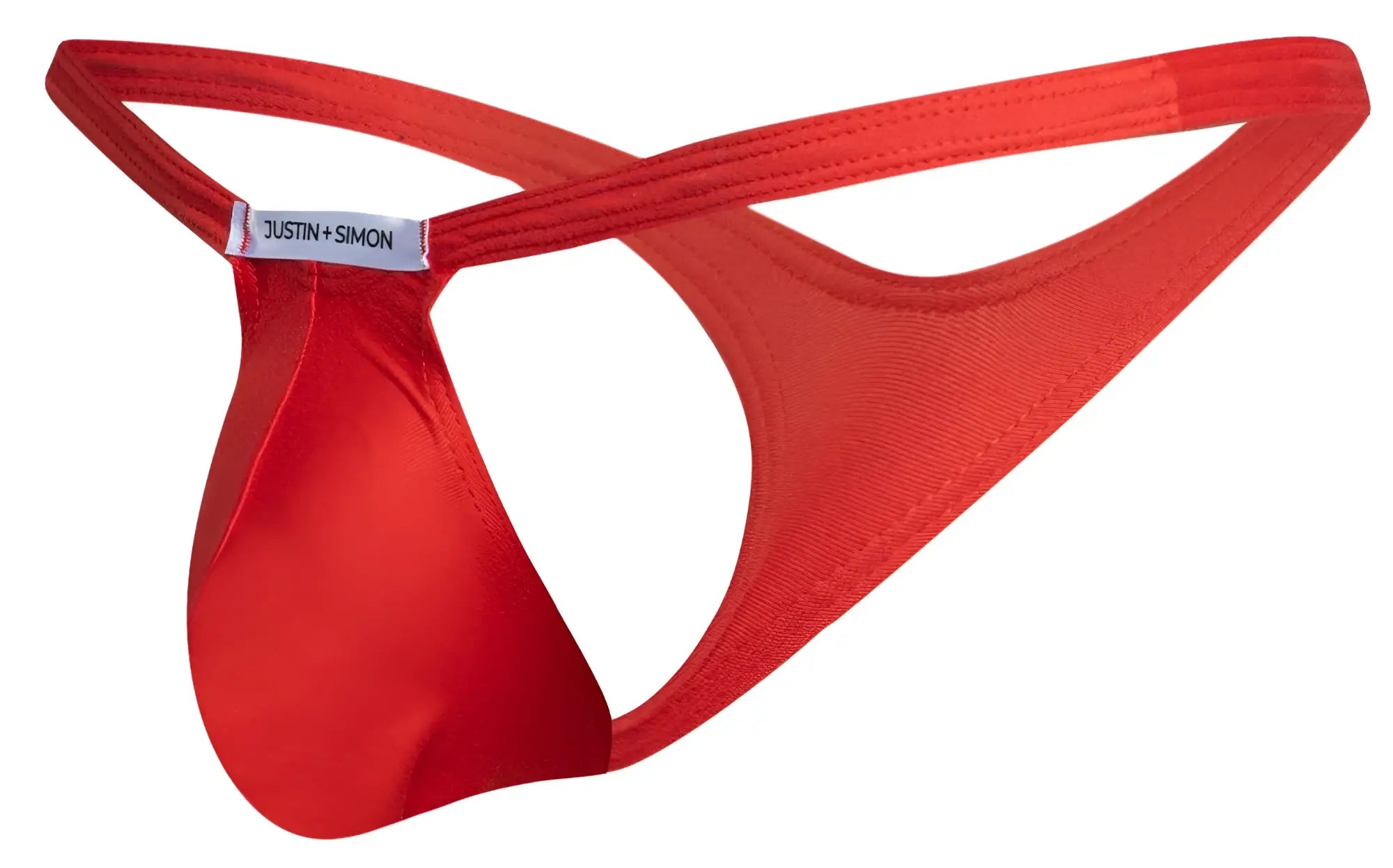 Red justin simon bulge thong made of smooth satin fabric with a minimalist design in peach red color