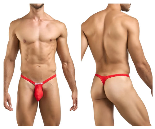 Justin+Simon xsjbu02 red form-fitting thong with textured waistband and small white label at the front