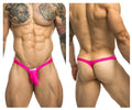 Vibrant pink nylon JUSTIN+SIMON XSJBU02 bulge thong with a small white label at the front
