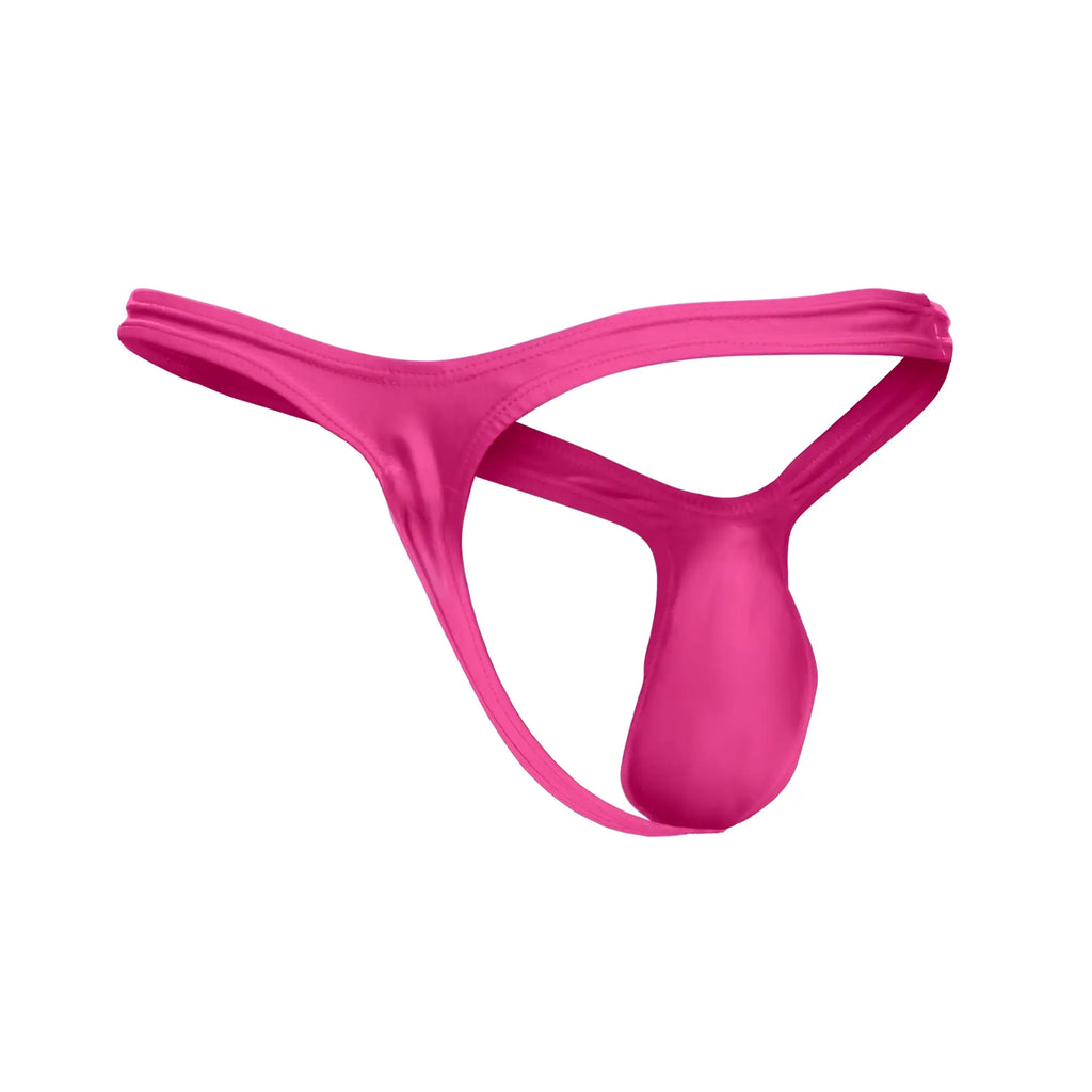 Vibrant pink satin thong from JUSTIN+SIMON xsjbu02 with a smooth glossy finish and minimalistic design