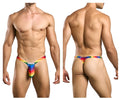 Justin simon xsjbu02 bulge thong in stretchy rainbow fabric with bold stripe pattern and calvin klein logo front