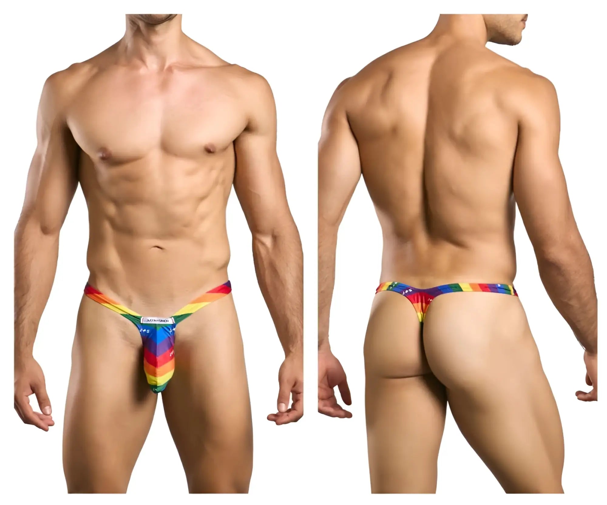 Justin simon xsjbu02 bulge thong in stretchy rainbow fabric with bold stripe pattern and calvin klein logo front