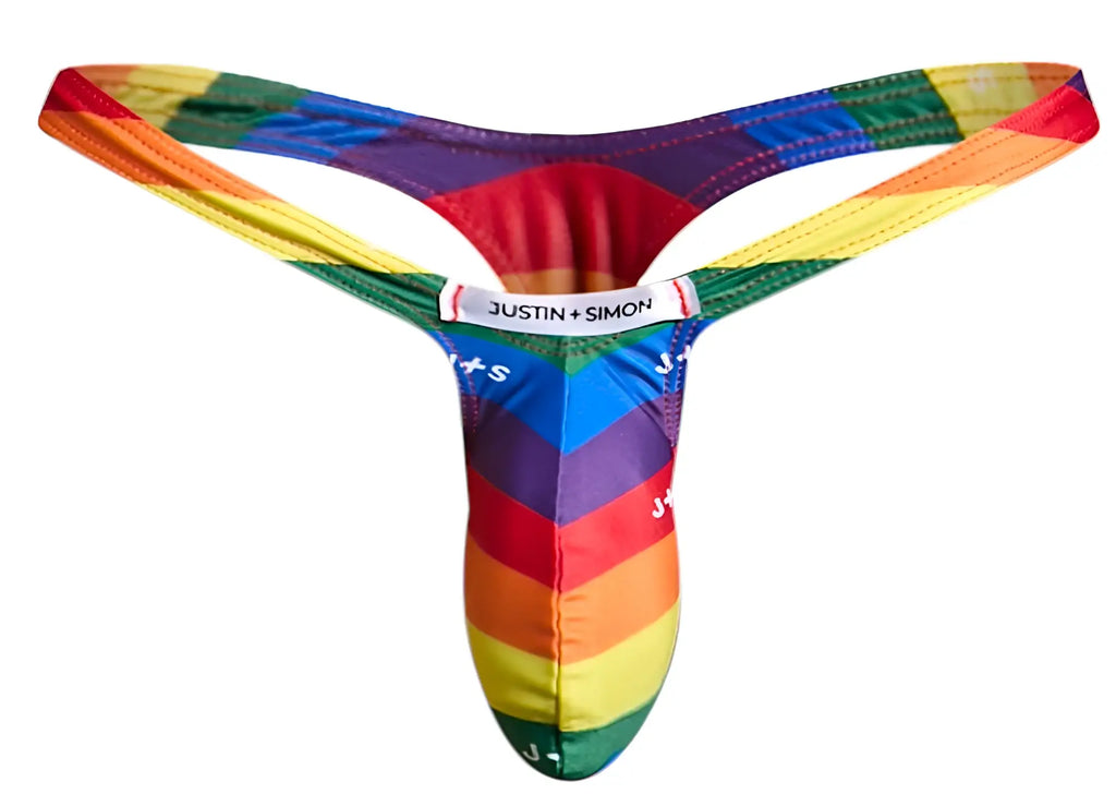 Rainbow-striped men’s bulge thong by justin + simon in pride flag colors for vibrant comfortable wear