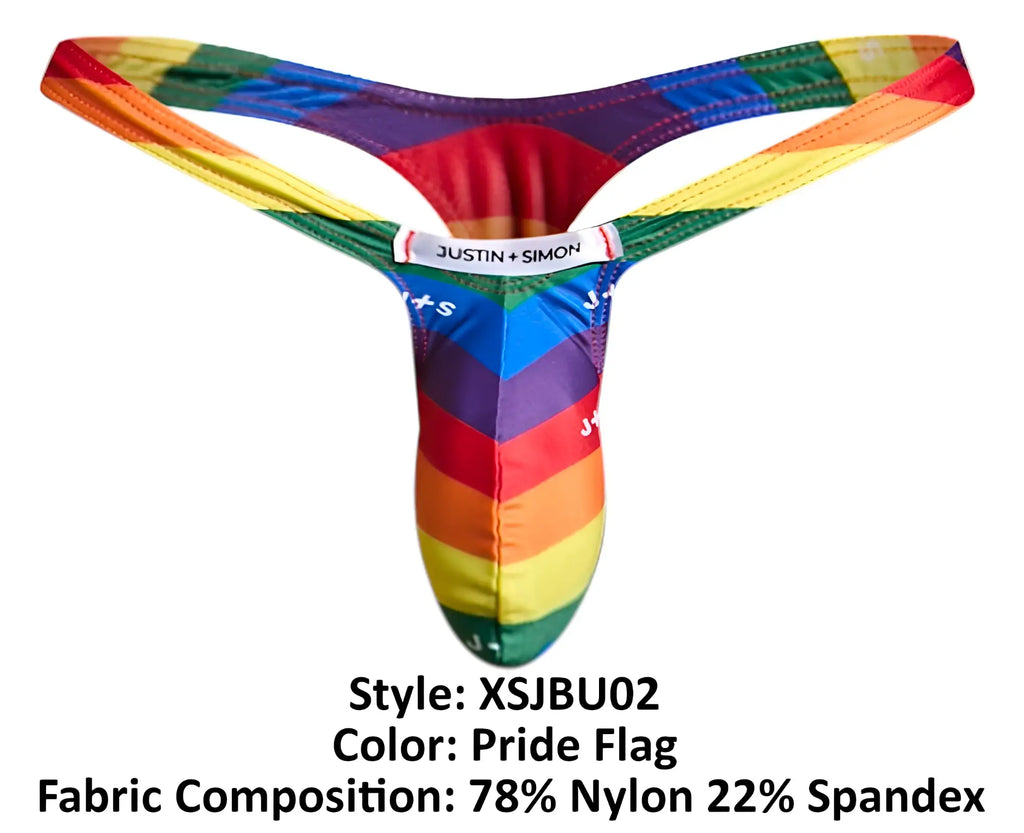 Justin Simon xsjbu02 bulge thong in rainbow pride flag pattern made with 78% nylon 22% spandex fabric