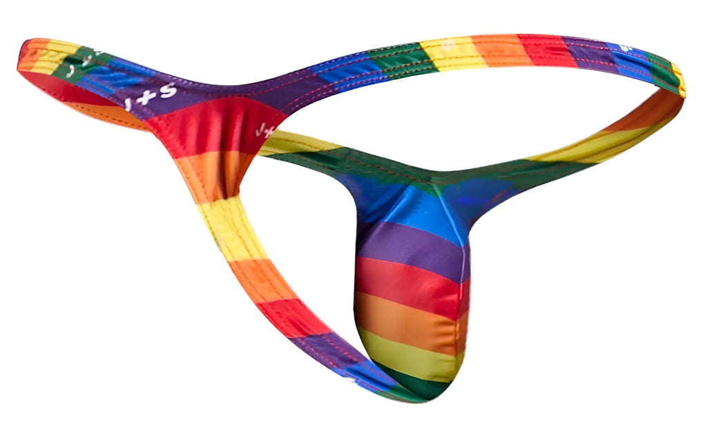 Rainbow-striped men’s thong with glossy stretchy fabric and j+s branded waistband in justin simon xsjbu02 pride flag design
