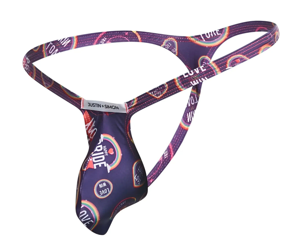 Purple and black patterned men’s thong with rainbow pride designs and justin plus simon label in pride color scheme