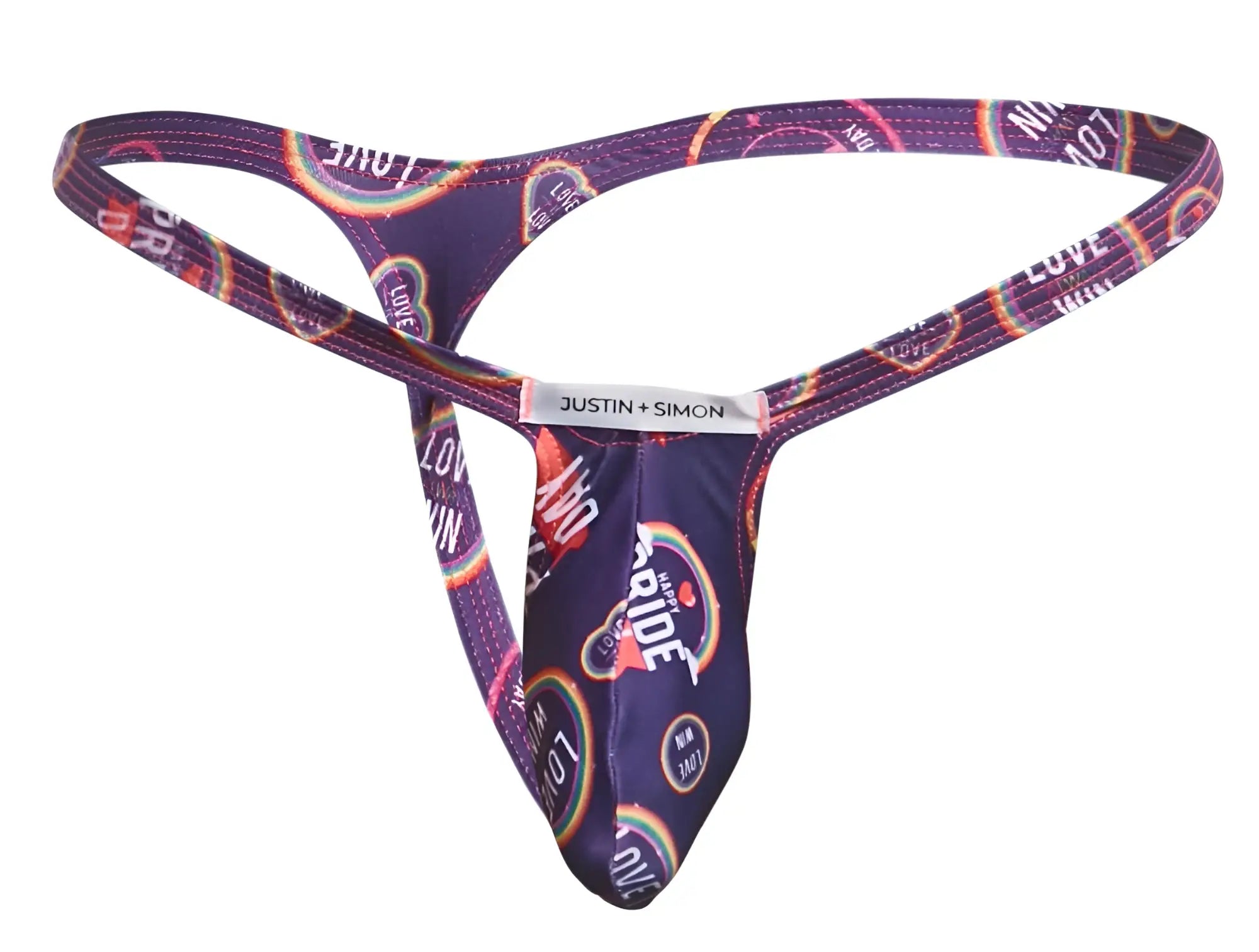 Purple justin simon bulge thong with rainbow love pattern and white brand tag in pride colors