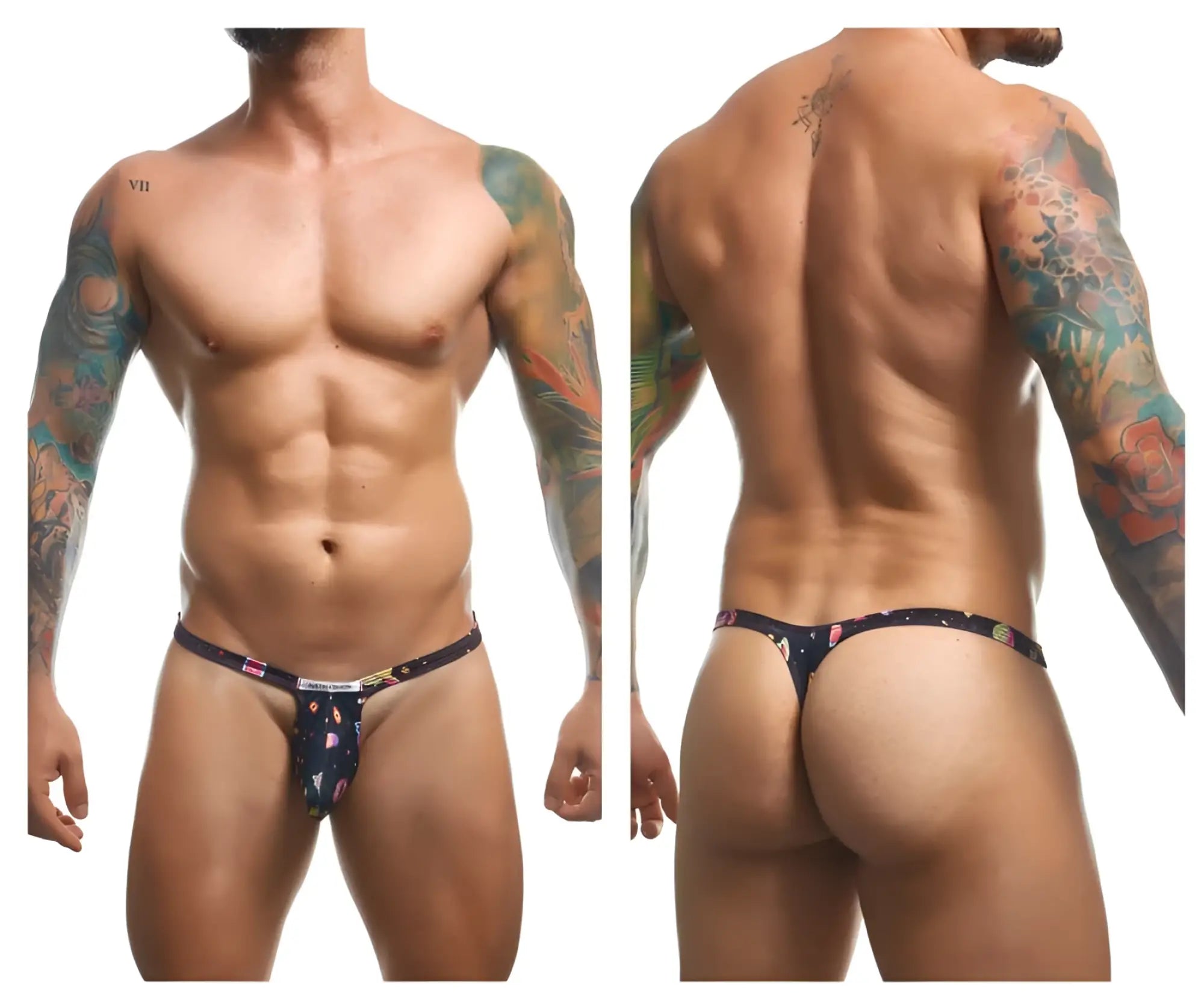 Black thong with colorful floral pattern and small justin simon logo on waistband front view from bulge thongs psycodelic