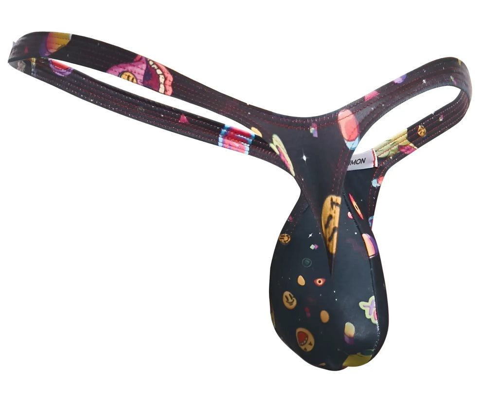 Justin+Simon XSJBU02 bulge thong in black with colorful cosmic planets and cartoon faces on stretchy fabric front view