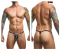 Black thong with colorful floral pattern and small justin simon logo on waistband front view from bulge thongs psycodelic