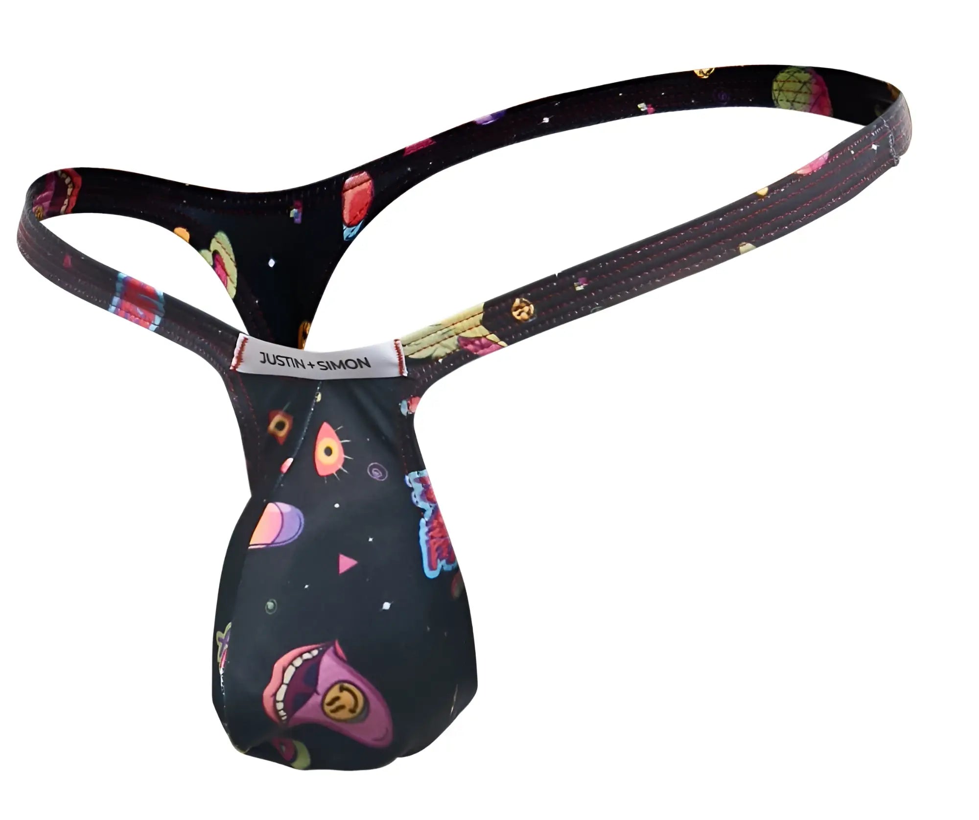 Black justin simon bulge thong with vibrant cosmic design featuring colorful planets stars and cartoon alien faces