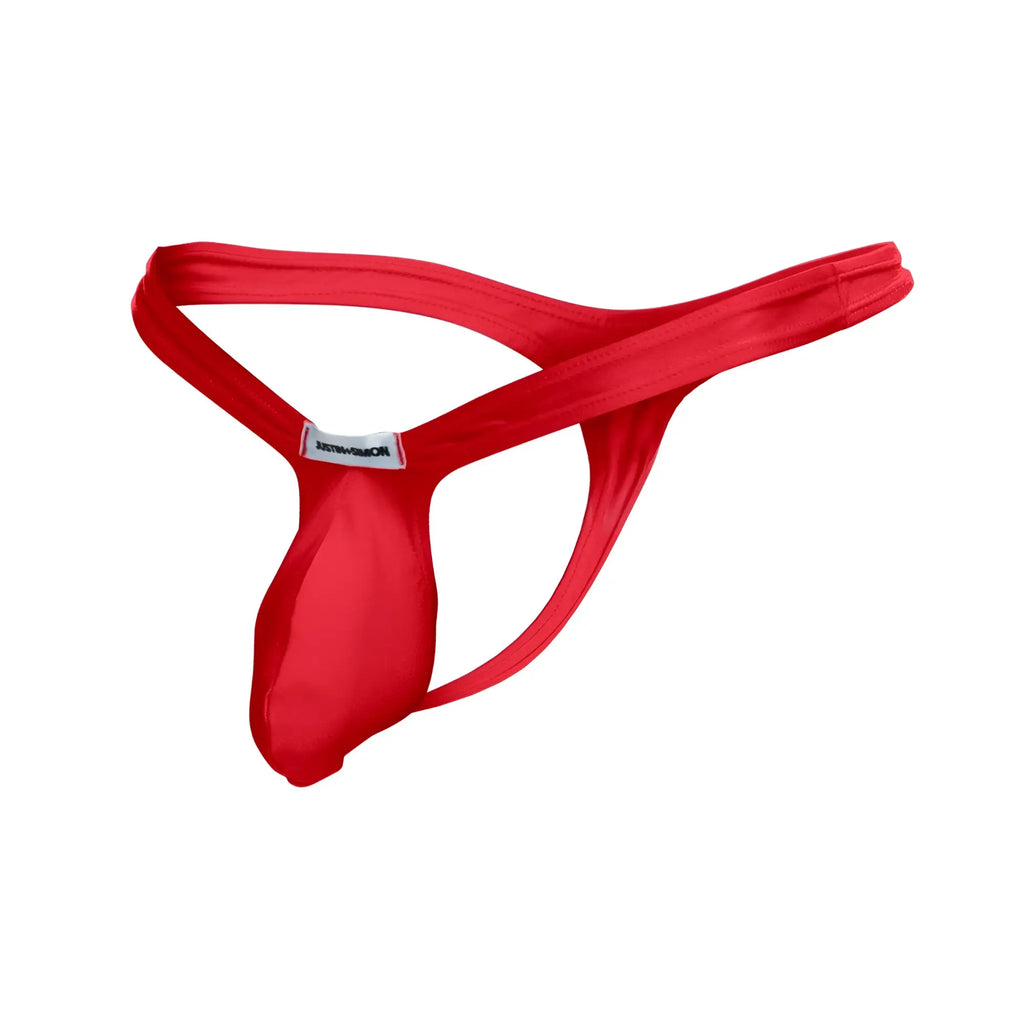 Vibrant red smooth-textured men’s thong with minimalist design and small brand tag at the back by JUSTIN+SIMON