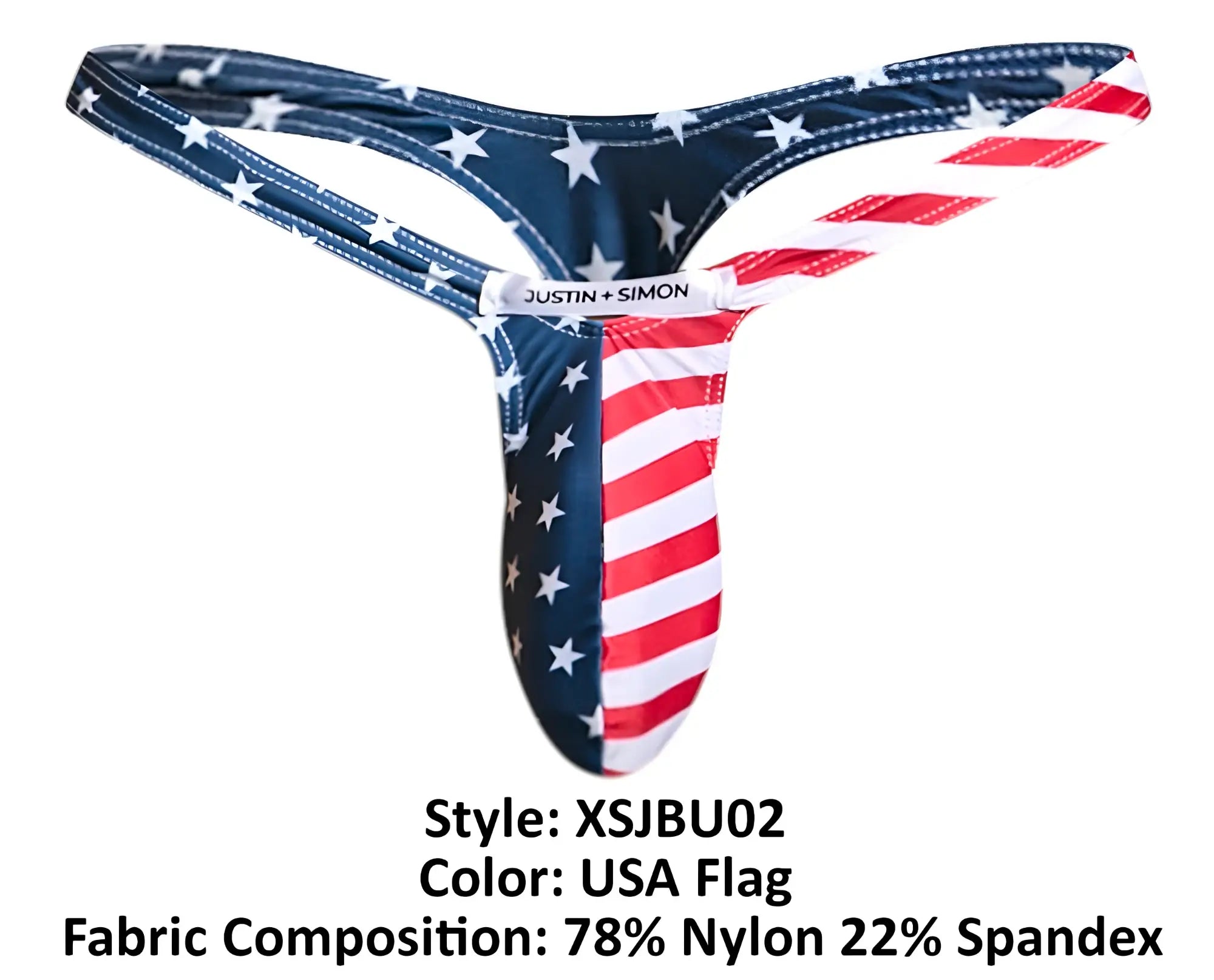 Justin simon usa flag bulge thong with navy blue stars and red white stripes made of 78 nylon 22 spandex