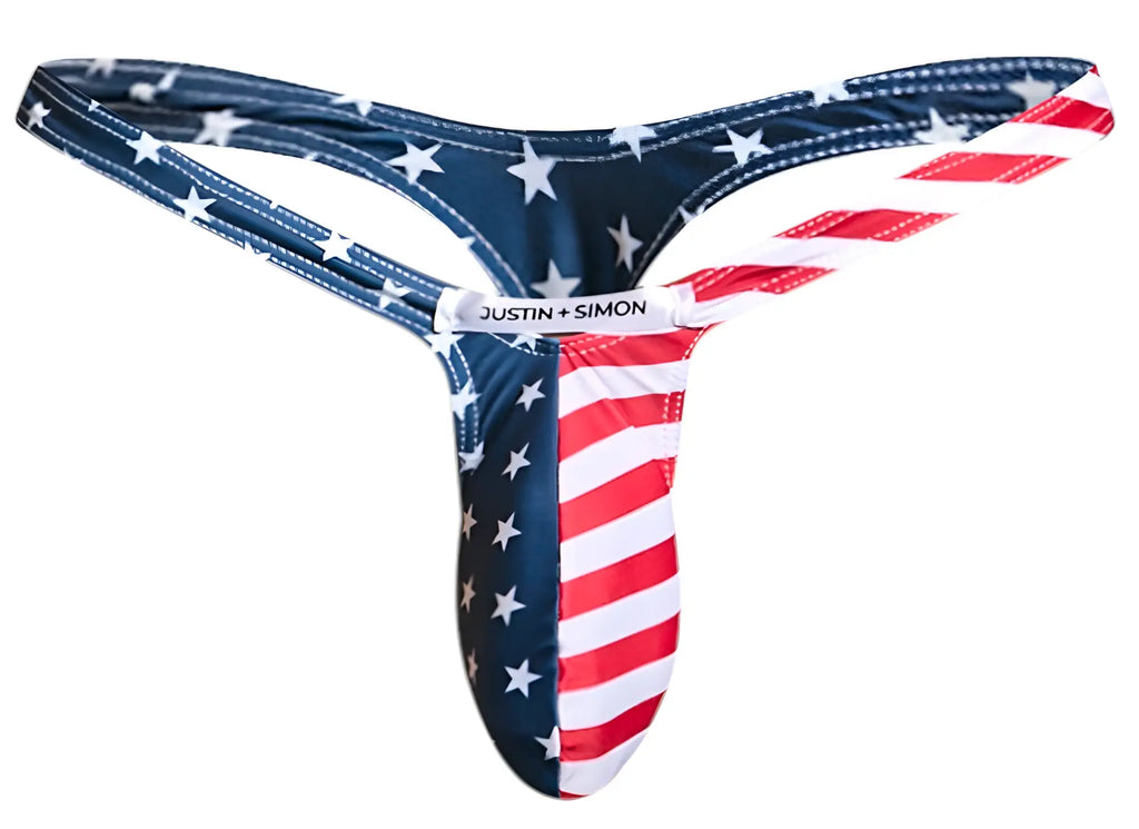 Justin simon bulge thong in usa flag colors featuring red white and blue fabric design for bold style