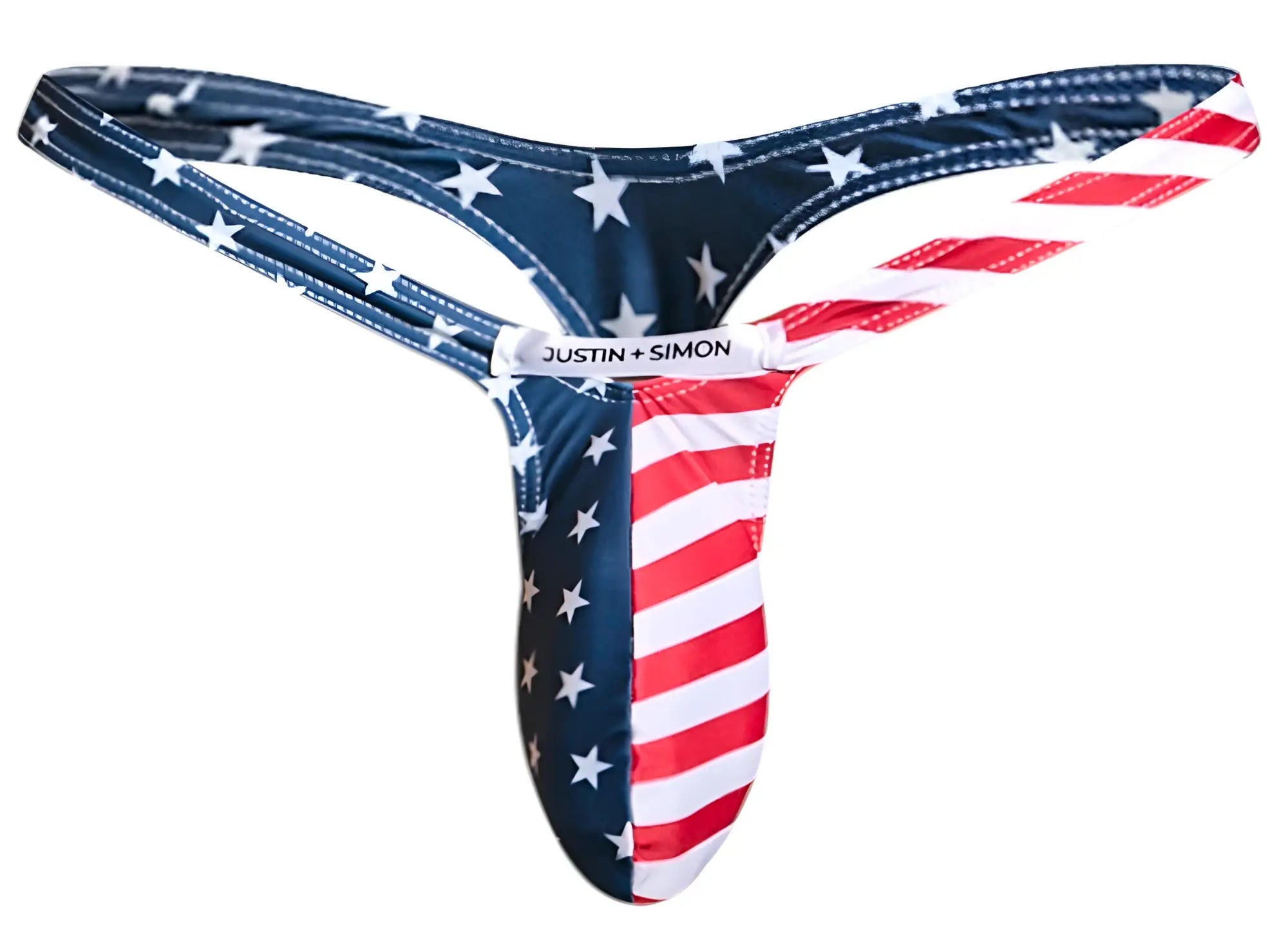 Justin simon bulge thong in usa flag colors featuring red white and blue fabric design for bold style