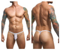 White mesh athletic-cut thong with thin waistband and arrow brand name printed on front for bulge support