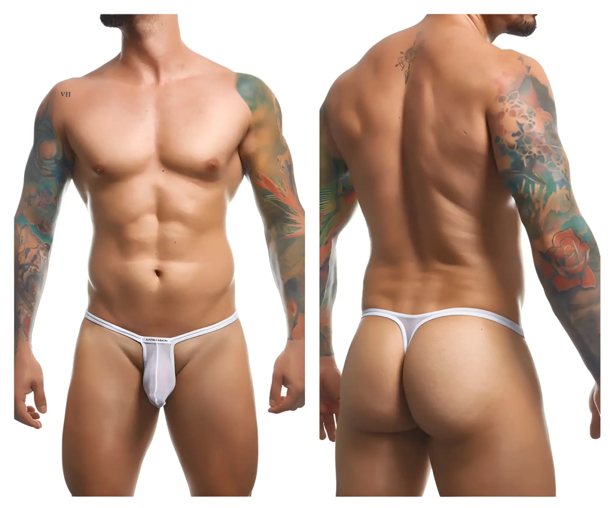 White mesh athletic-cut thong with thin waistband and arrow brand name printed on front for bulge support